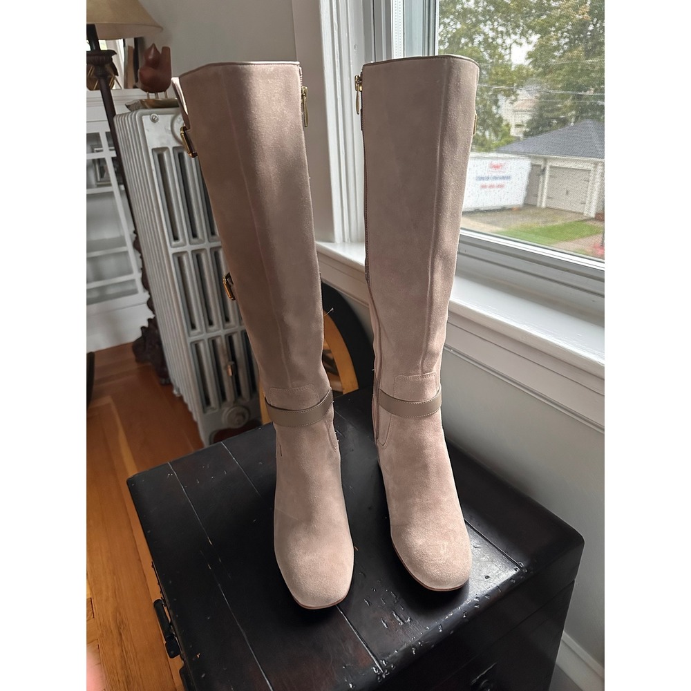 Franco Sarto Knoll Womens 8.5M Taupe Suede Tall Buckle Block Heel Boots